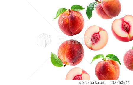 Whole and halved ripe peaches with green leaves and water droplets on white background, freshness and natural fruit concept 138260645