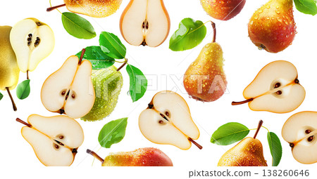 Juicy red yellow pear with water drops and sliced halves, isolated on white background, concept of freshness and fruit Juicy red yellow pear with water drops and sliced halves, isolated on white background, concept of freshness and fruit 138260646