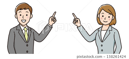 Businessmen and businesswomen, male and female, pointing, guiding, explaining, character illustration set, simple, upper body. 138261424
