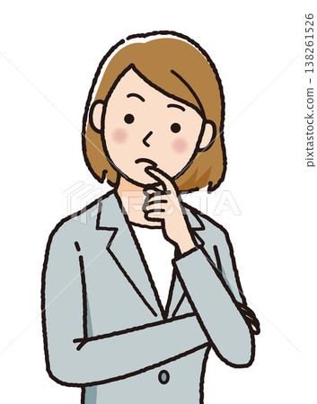 Businesswoman, troubled, worried, female, office worker, suit, facial expression, character illustration, simple, upper body. Businesswoman, troubled, worried, female, office worker, suit, facial expression, character illustration, simple, upper body. 138261526