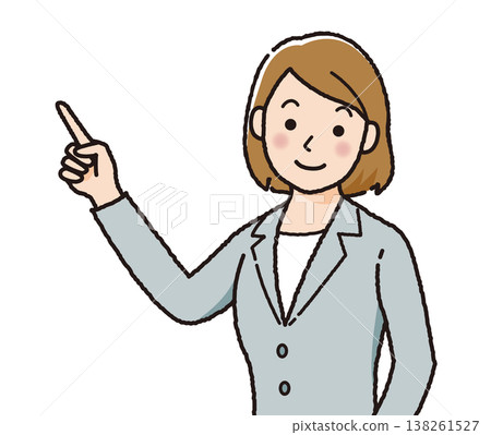 Businesswoman pointing, female office worker, suit, guidance, explanation, simple illustration of a person, upper body. 138261527