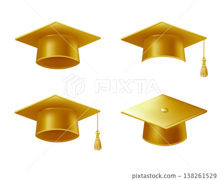 Realistic gold graduate caps set. 3D Graduation Doctoral hat Realistic gold graduate caps set. 3D Graduation Doctoral hat 138261529
