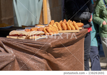 Street food stall with traditional empanadas and choripanes at the Vigo Reconquista Festival Street food stall with traditional empanadas and choripanes at the Vigo Reconquista Festival 138261691