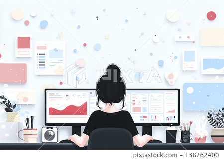 A woman's back view as she performs data analysis using dual monitors | Visualized work image A woman's back view as she performs data analysis using dual monitors | Visualized work image 138262400