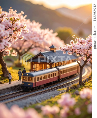火車穿越櫻花叢的立體模型 火車穿越櫻花叢的立體模型 138262942