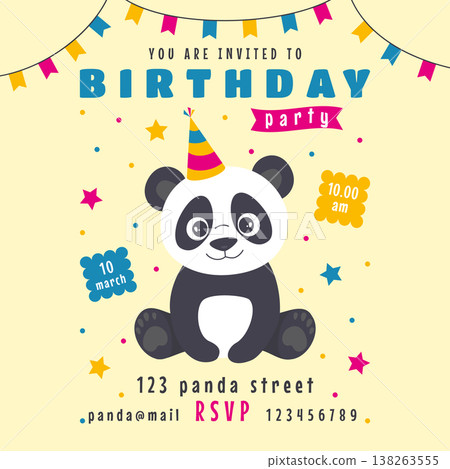 Colorful panda party invitation design. Cheerful illustration of panda with party accessories Colorful panda party invitation design. Cheerful illustration of panda with party accessories 138263555