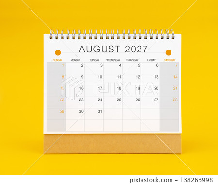 August 2027 desk calendar on yellow color background, Front view. 138263998