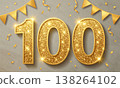 Birthday illustration with gold decorations and number 100. 138264102