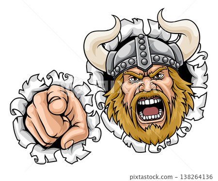Viking Warrior Pointing Cartoon Sports Mascot Man 138264136