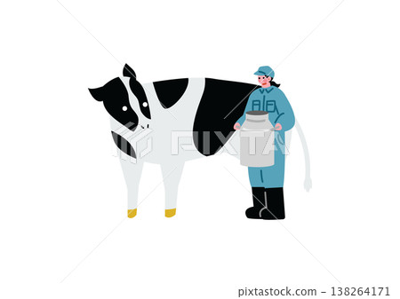 An illustration of a girl milking a cow. 138264171