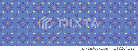 Mediterranean Tile Seamless Pattern. Blue Purple and Gold Floral Medallion Ornament on Periwinkle Background for Fabric Design. Mediterranean Tile Seamless Pattern. Blue Purple and Gold Floral Medallion Ornament on Periwinkle Background for Fabric Design. 138264188
