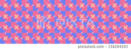Cute Checker Floral Seamless Pattern. Playful Pink and Blue Geometric Background with Retro Petal Tile Motif. Cute Checker Floral Seamless Pattern. Playful Pink and Blue Geometric Background with Retro Petal Tile Motif. 138264203