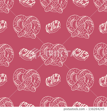 Pretzel and pastry seamless pattern with baked snacks in hand drawn style Pretzel and pastry seamless pattern with baked snacks in hand drawn style 138264245