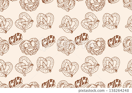 Pretzel pastry seamless pattern with baked bread snacks in hand drawn style Pretzel pastry seamless pattern with baked bread snacks in hand drawn style 138264248