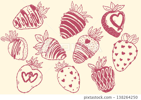 Strawberry dessert collection with chocolate berries in hand drawn style Strawberry dessert collection with chocolate berries in hand drawn style 138264250