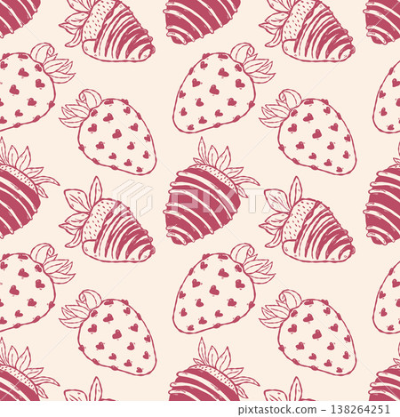 Strawberry seamless pattern with heart shapes in hand drawn dessert style 138264251