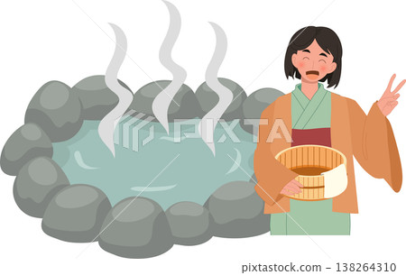 onsen hot spring japan spa relaxation traditional japanese culture kimono woman outdoor bath travel illustration onsen hot spring japan spa relaxation traditional japanese culture kimono woman outdoor bath travel illustration 138264310