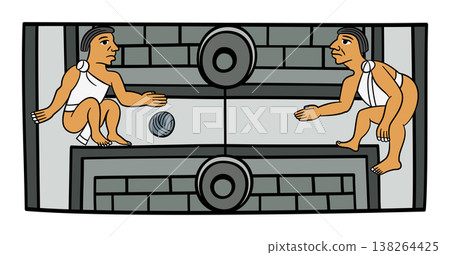 Aztec ball players, playing with a rubber ball, in an H-shaped court. Ancient Mesoamerican ballgame, played in a masonry ballcourt, with upper goals, circle shaped stone rings with a hole. Vector Aztec ball players, playing with a rubber ball, in an H-shaped court. Ancient Mesoamerican ballgame, played in a masonry ballcourt, with upper goals, circle shaped stone rings with a hole. Vector 138264425