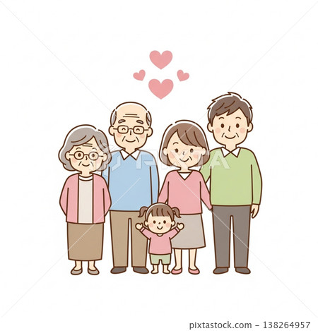 三代同堂的家庭插畫：一家人微笑著並肩站著，展現了家庭的愛與安全感。 138264957