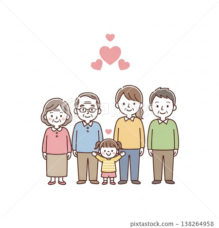 三代同堂的家庭插畫：一家人微笑著並肩站著，展現了家庭的愛與安全感。 138264958