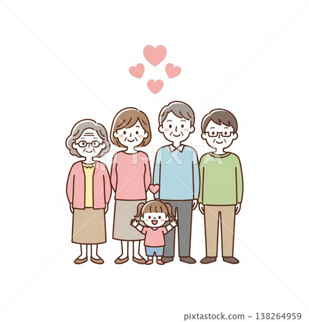 三代同堂的家庭插畫：一家人微笑著並肩站著，展現了家庭的愛與安全感。 138264959