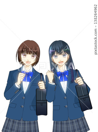 一幅動漫風格的插圖,描繪了兩個高中或初中女生面帶微笑,背著書包,背景是白色。 一幅動漫風格的插圖,描繪了兩個高中或初中女生面帶微笑,背著書包,背景是白色。 138264962