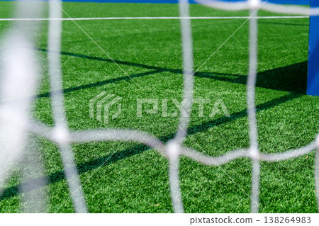 Soccer field green grass and net background.  138264983