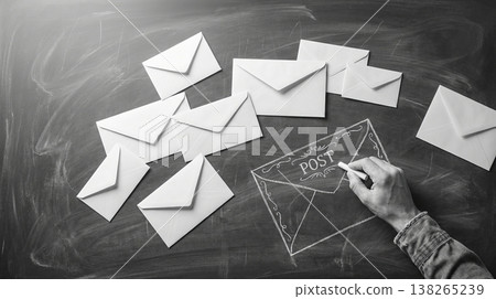Hand drawing postal envelope on blackboard with scattered letters, top view, vintage B&W 138265239