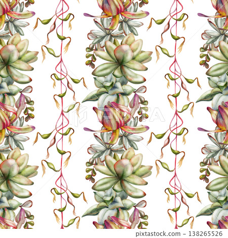 Watercolor seamless pattern with striped rows of rosette succulents and creeping exotic bromeliad vines. Isolated illustration hand drawn for fabric printing, nursery decor, eco lifestyle branding Watercolor seamless pattern with striped rows of rosette succulents and creeping exotic bromeliad vines. Isolated illustration hand drawn for fabric printing, nursery decor, eco lifestyle branding 138265526