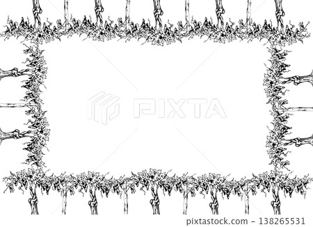 Vineyard scene, row of grapevines on old twisted trunk, leafy foliage, ripe grape clusters, young creepers. Rustic frame isolated ink vector illustration. Winery decor, bottle labels, menu layouts. Vineyard scene, row of grapevines on old twisted trunk, leafy foliage, ripe grape clusters, young creepers. Rustic frame isolated ink vector illustration. Winery decor, bottle labels, menu layouts. 138265531