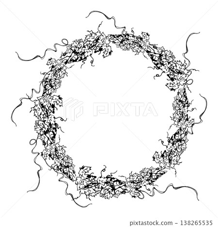 Circular vineyard wreath frame of repeating leafy grapevine motifs, grape clusters, tendril creepers. Botanical hand drawn vector illustration in ink. Winery logos, wine events, branding materials. Circular vineyard wreath frame of repeating leafy grapevine motifs, grape clusters, tendril creepers. Botanical hand drawn vector illustration in ink. Winery logos, wine events, branding materials. 138265535