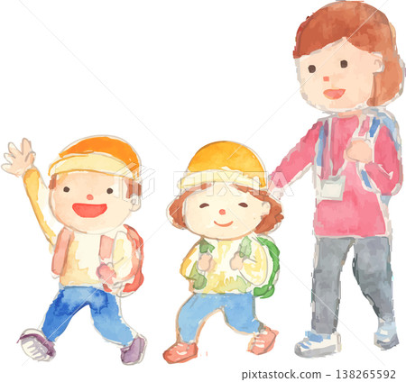 一幅描繪幼兒園小朋友和老師一起外出郊遊的插圖。 138265592