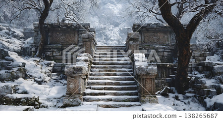 Winter Wonderland SnowCovered Stone Steps Leading to Mystery 138265687