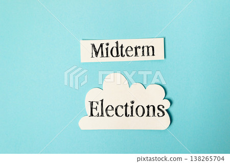 Midterm elections text displayed on a blue background, featuring a cloud shape, symbolizing political engagement and civic participation in democratic processes Midterm elections text displayed on a blue background, featuring a cloud shape, symbolizing political engagement and civic participation in democratic processes 138265704