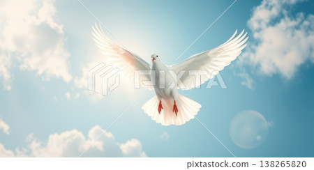 A white dove flies through a serene blue sky with fluffy white clouds and a radiant sunbeam shining down on it. 138265820