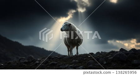 A sheep stands on a rocky hilltop with sunbeams shining through the clouds in a dramatic and moody landscape scene. A sheep stands on a rocky hilltop with sunbeams shining through the clouds in a dramatic and moody landscape scene. 138265956