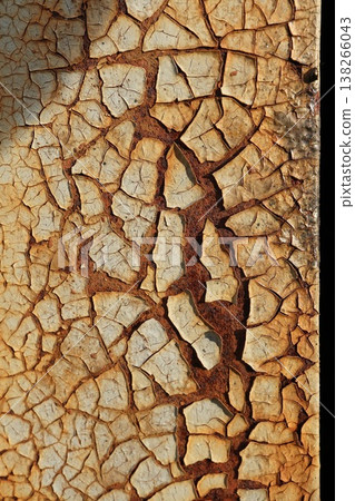 Cream Paint Cracking Over Deep Rust, Dramatic Macro Texture with Cream Paint Cracking Over Deep Rust, Dramatic Macro Texture with 138266043
