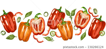 A border of red and orange bell peppers, hot pepper slices, and leaves. All hand-painted in watercolor. Suitable for culinary design, towels, tableware, and food products. A border of red and orange bell peppers, hot pepper slices, and leaves. All hand-painted in watercolor. Suitable for culinary design, towels, tableware, and food products. 138266124