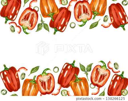 Watercolor frame of bell peppers and chili pepper slices. All objects are hand-painted in watercolor and isolated on a white background. Perfect for menu or grocery store design, food products. Watercolor frame of bell peppers and chili pepper slices. All objects are hand-painted in watercolor and isolated on a white background. Perfect for menu or grocery store design, food products. 138266125