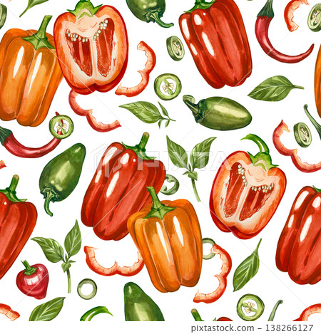 A seamless pattern with hand-drawn watercolor bell peppers, chili peppers, jalapenos, and leaves. Vegetable background with sliced peppers and leaves. Culinary illustration for textiles, wallpaper. A seamless pattern with hand-drawn watercolor bell peppers, chili peppers, jalapenos, and leaves. Vegetable background with sliced peppers and leaves. Culinary illustration for textiles, wallpaper. 138266127