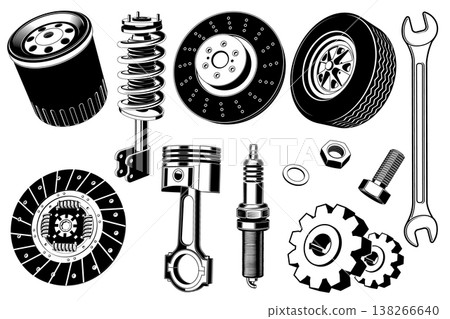 Car parts set, detailed vector illustration of automotive repair and service elements including brake disc, piston, spark plug, wrench and gears 138266640