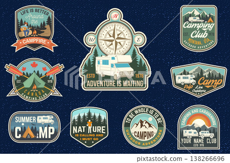 Adventure camping stickers set with compass and van, retro vintage outdoor travel decals for exploration and camping design. Vector 138266696