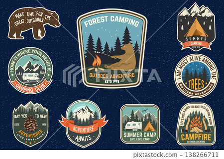 Camping stickers set with bear, retro vintage outdoor adventure decals with forest, mountains and campfire patches. Vector 138266711