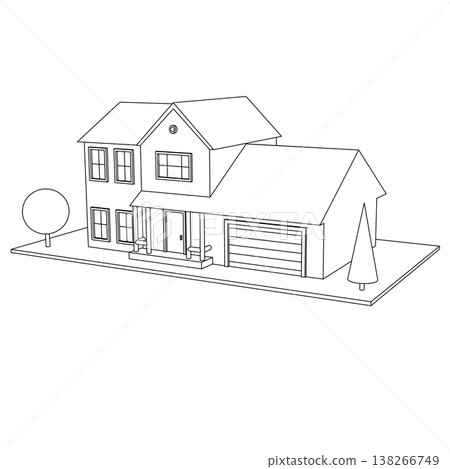 3D suburban house model. Drawing of the modern building. Cottage project on white background. Vector illustration. 3D suburban house model. Drawing of the modern building. Cottage project on white background. Vector illustration. 138266749