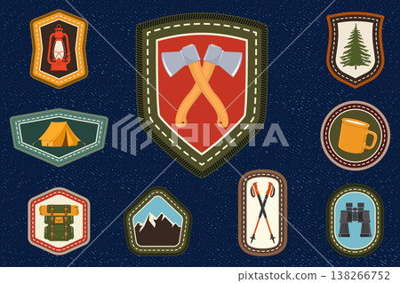 Hiking badges set, retro vintage outdoor adventure patches with mountains, camping gear and travel elements. Vector Hiking badges set, retro vintage outdoor adventure patches with mountains, camping gear and travel elements. Vector 138266752