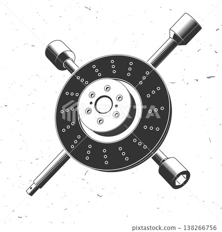 Brake disc with mechanic tools, retro vintage auto repair emblem in engraving style for car service logo, garage branding and workshop design. Vector 138266756