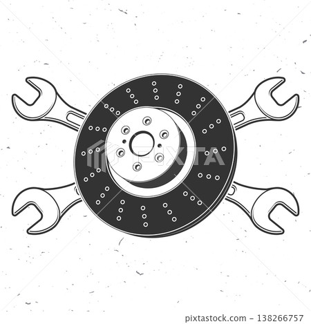 Brake disc with crossed wrenches, retro vintage auto repair emblem in engraving style for car service logo and garage branding. Vector Brake disc with crossed wrenches, retro vintage auto repair emblem in engraving style for car service logo and garage branding. Vector 138266757