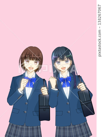 動漫風格的插圖，描繪了兩個高中或初中女生面帶微笑，背著書包，背景是簡單的彩色。 138267067