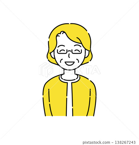 A simple illustration of a smiling senior woman wearing glasses, with her eyes also smiling. Yellow accents. A simple illustration of a smiling senior woman wearing glasses, with her eyes also smiling. Yellow accents. 138267243