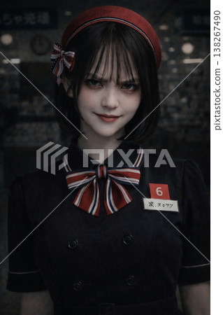 一幅神秘少女身穿深色制服的肖像畫,她目光銳利地盯著觀者。 一幅神秘少女身穿深色制服的肖像畫,她目光銳利地盯著觀者。 138267490